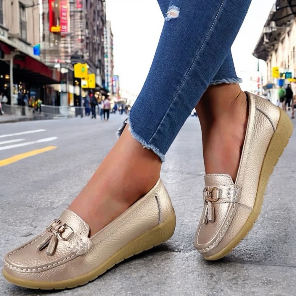 Women's Gold Moccasins with Tassel Detail